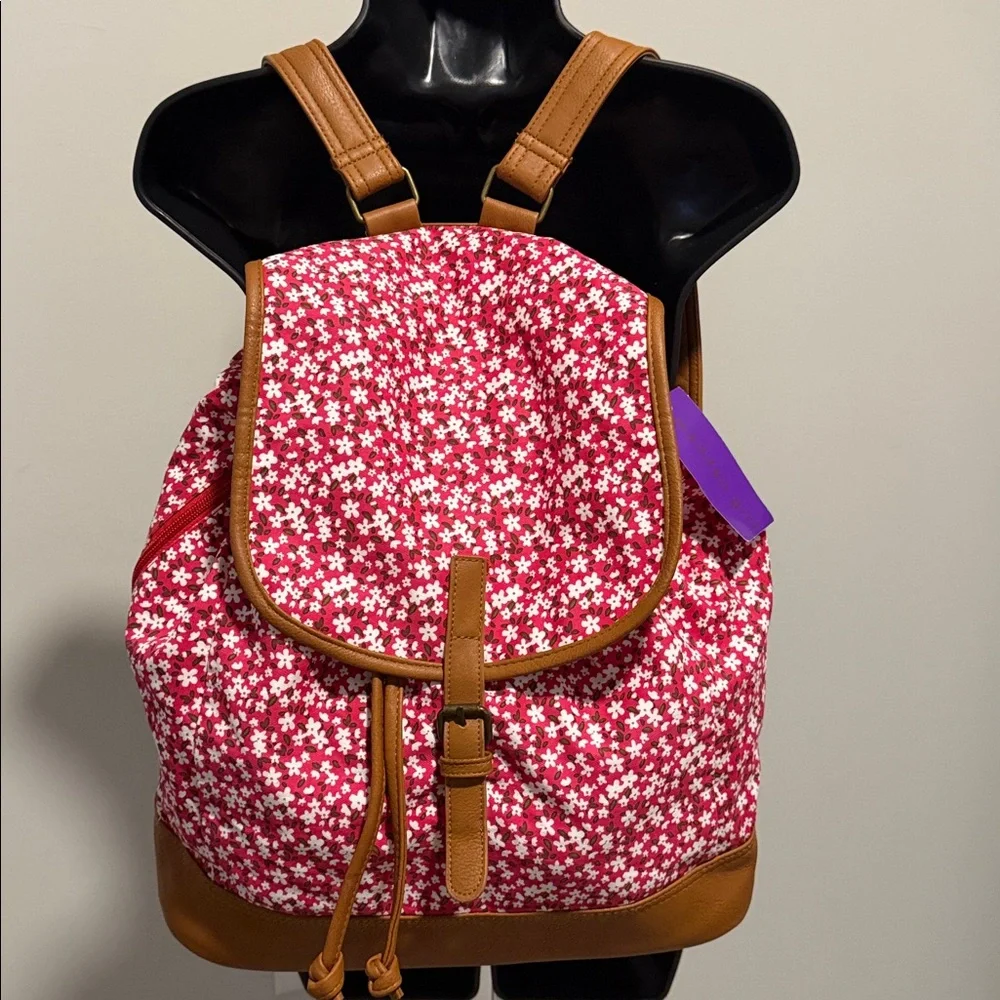 Madden Girl Red Floral Canvas Backpack with Tan Trim